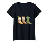 Mujer Botas Vaqueras de Navidad Western Country para Mujer, Howdy Xmas Camiseta Cuello V