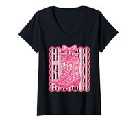 Mujer Botas vaqueras rosas con lazo floral Kawaii diseño occidental Camiseta Cuello V