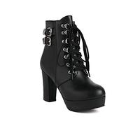 Mujer Botines Moda Punta Redonda Impermeable De Cuero Tacón De Bloque Plataforma Botas Cortas,Negro,37 EU