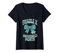 Mujer Bow Coquette Groovy Fragile X Syndrome Awareness Women Camiseta Cuello V
