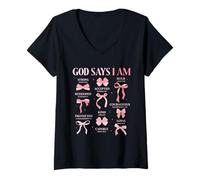 Mujer Bow God Say I Am Christian Girl Teen Women Biblia Verso Regalos Camiseta Cuello V