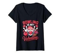 Mujer Bowling Is My Valentine Cute GNOME Bowling Valentine Camiseta Cuello V