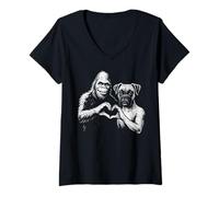 Mujer Boxer Dog Bigfoot Sasquatch - Señal de mano con forma de corazón Camiseta Cuello V