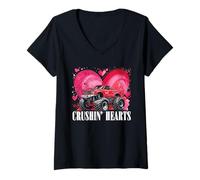 Mujer Boy Valentine Monster Truck Crushin Hearts Niños Camiseta Cuello V