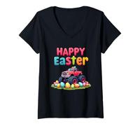 Mujer Boys Happy Pascua Monster Truck Huevos de Pascua para niños Camiseta Cuello V