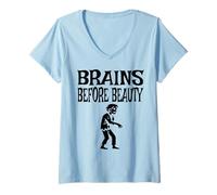 Mujer Brains Before Beauty Costume Halloween Camiseta Cuello V
