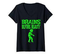 Mujer Brains Before Beauty Costume Halloween Zombie Camiseta Cuello V
