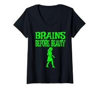 Mujer Brains Before Beauty Costume Halloween Zombie Camiseta Cuello V