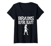 Mujer Brains Before Beauty Costume Halloween Zombie Camiseta Cuello V