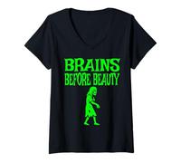 Mujer Brains Before Beauty Costume Halloween Zombie Camiseta Cuello V