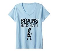 Mujer Brains Before Beauty Costume Halloween Zombie Camiseta Cuello V