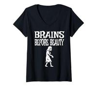 Mujer Brains Before Beauty Costume Halloween Zombie Camiseta Cuello V