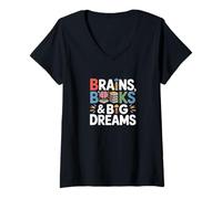 Mujer Brains Books and Big Dreams refrescan a los niños de Regreso a la Escuela Camiseta Cuello V