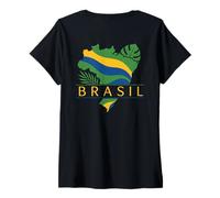 Mujer Brasil Brasil Bandera Mapa Hojas Tropicales América del Sur Camiseta Cuello V