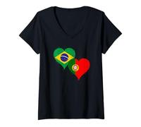 Mujer Brasil Portugal Bandera de Orgullosos Portugueses Brasileños Camiseta Cuello V
