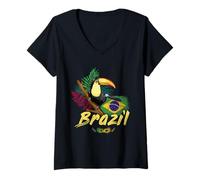 Mujer Brasil Tucán Vintage con Bandera y Máscara de Samba Camiseta Cuello V