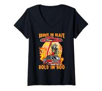 Mujer Brave in Blaze Bold in Boo Trick Or Treat Bombero Camiseta Cuello V
