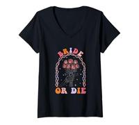 Mujer Bride Or Die Retro Halloween Despedida de Soltera a Juego Camiseta Cuello V