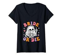 Mujer Bride Or Die Retro Halloween Despedida de Soltera a Juego Camiseta Cuello V