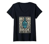 Mujer Bride Or Die Retro Halloween Despedida de Soltera a Juego Camiseta Cuello V