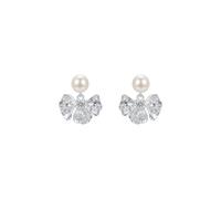 Mujer Brillante Full Pave CZ Arco Colgante Pendientes, Plateado Cobre Faux Perla Lazo Stud Pendientes, Accesorios de oreja para Fiesta Aniversario Ocasiones de vacaciones