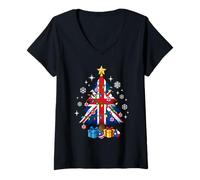 Mujer British England Flag Christmas Tree Lights Xmas Cute Costume Camiseta Cuello V