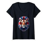 Mujer British Lion Spirit - Bandera del Reino Unido Wildlife Art Camiseta Cuello V