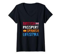 Mujer British Passport Spanish Lifestyle - Funny Expat Spain Brit Camiseta Cuello V