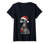 Mujer Brontosuarus Dinosaurio Dino Santa Hat Plaid Bufanda Gafas de Sol Camiseta Cuello V