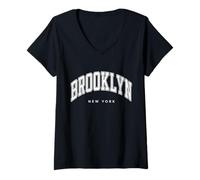 Mujer Brooklyn New York NY Varsity Style Texto Blanco Camiseta Cuello V