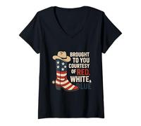 Mujer Brought To You Courtesy of Red White Blue Cowboy Boot Camiseta Cuello V