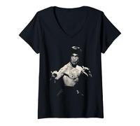 Mujer Bruce Lee Black and White Action Pose Portrait Martial Arts Camiseta Cuello V