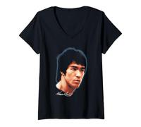 Mujer Bruce Lee Large Portrait with Signature Martial Arts Movie Camiseta Cuello V