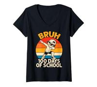 Mujer Bruh 100 Days of School Dabbing Niños Retro Vintage Camiseta Cuello V