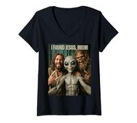 Mujer Bruh Bigfoot Alien Jesús Rock On Hand Sign UFO Selfie Camiseta Cuello V