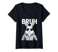 Mujer Bruh Bunny Face with Sunglasses Easter Day for Boys Men Kids Camiseta Cuello V
