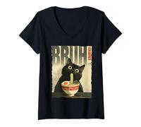 Mujer Bruh! Cat Ramen Estética Japonesa Ukiyo-e Arte Anime Gato Camiseta Cuello V