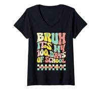 Mujer Bruh It's My 100 Days of School Retro 100th Day Groovy Kids Camiseta Cuello V