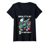 Mujer Bruh It's My 5th Birthday Pixel Dab 5 Bday Gamer Niños Niños Camiseta Cuello V