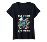 Mujer Bruh It's My 6th Birthday Pixel Dab 6 Bday Gamer Niños Niños Camiseta Cuello V