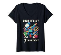 Mujer Bruh It's My 7th Birthday Pixel Dab 7 Bday Gamer Niños Niños Camiseta Cuello V