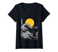Mujer Bruh. La Gran Ola Kanagawa Divertido Gato Japonés Surfing Camiseta Cuello V