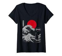 Mujer Bruh. La Gran Ola Kanagawa Divertido Gato Japonés Surfing Camiseta Cuello V