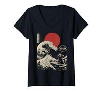 Mujer Bruh. La Gran Ola Kanagawa Gato japonés Divertido Surfista Camiseta Cuello V