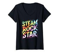 Mujer Bruh Steam Rockstar Campamento de Física ELA Profesor I Enseño Stud Camiseta Cuello V