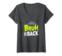 Mujer Bruh We Back: Gráfico de Argot de Regreso Urbano Camiseta Cuello V, Jaspeado Oscuro, L