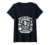Mujer Bruja Divertida Bitchcraft Diciendo Meando a la Gente y Sonriendo Camiseta Cuello V
