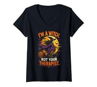 Mujer Bruja Empoderada No Soy Tu Terapeuta Escoba Spooky Luna Camiseta Cuello V