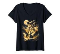 Mujer Bruja Encantadora Luna Llena Bosque Lanzador de Hechizos Camiseta Cuello V