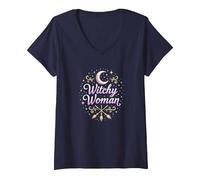 Mujer Bruja: Encantamiento de Luna y Escoba místico Camiseta Cuello V, Mujer, Azul Marino, L